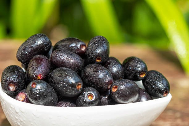 Closeup shot. A cup of fresh Black plums or Java plums in dark purple color with water drops on a wooden table as background. Wild fruits with healthy nutrition